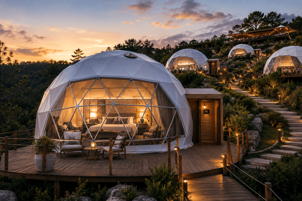 Why Glamping Resorts Prefer Geodesic Dome with Hinges in 2026 ? 3 Hinged geodesic resort domes
